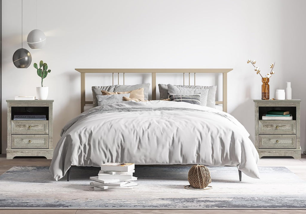LOUVIXA Farmhouse Bedroom Sets of 3, Including 9 Drawer Dresser, Nightstand Set of 2 with Charging Station (Grey Sets)