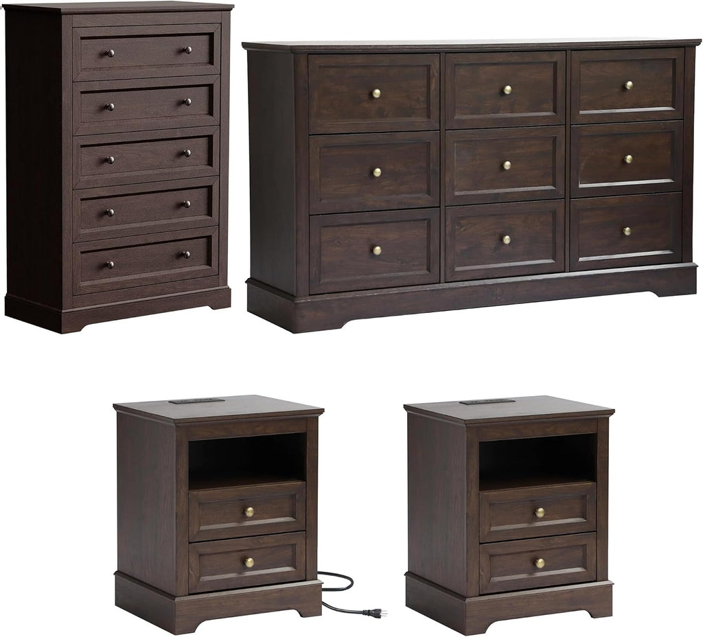 LOUVIXA Farmhouse Bedroom Sets of 4, Including 9 Drawer Dresser, 5 Drawer Dressers and Nightstand Set of 2 with Charging Station (Brown Sets, 4 Pieces)