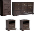 LOUVIXA Farmhouse Bedroom Sets of 4, Including 9 Drawer Dresser, 5 Drawer Dressers and Nightstand Set of 2 with Charging Station (Brown Sets, 4 Pieces)