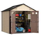 8x6 Resin Shed with Floor, Plastic Storage Shed with Window, Outside Storage Sheds with Lockable Door, Vents for Backyard, Garden, Lawn (8FTx6FT)