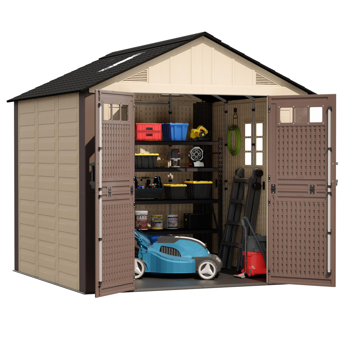 8x6 Resin Shed with Floor, Plastic Storage Shed with Window, Outside Storage Sheds with Lockable Door, Vents for Backyard, Garden, Lawn (8FTx6FT)