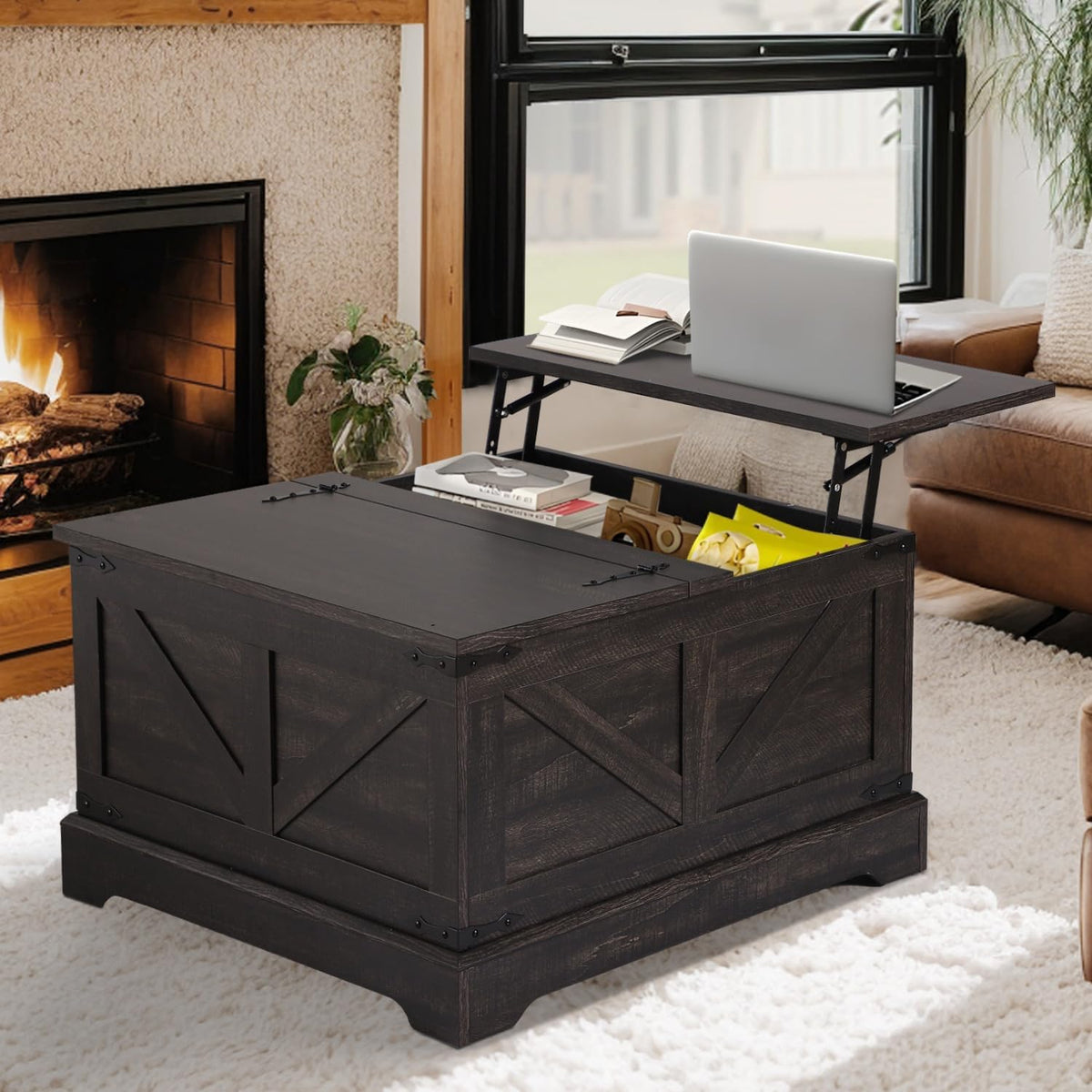 LOUVIXA Farmhouse Lift Top Coffee Table with Hidden Storage Compartment