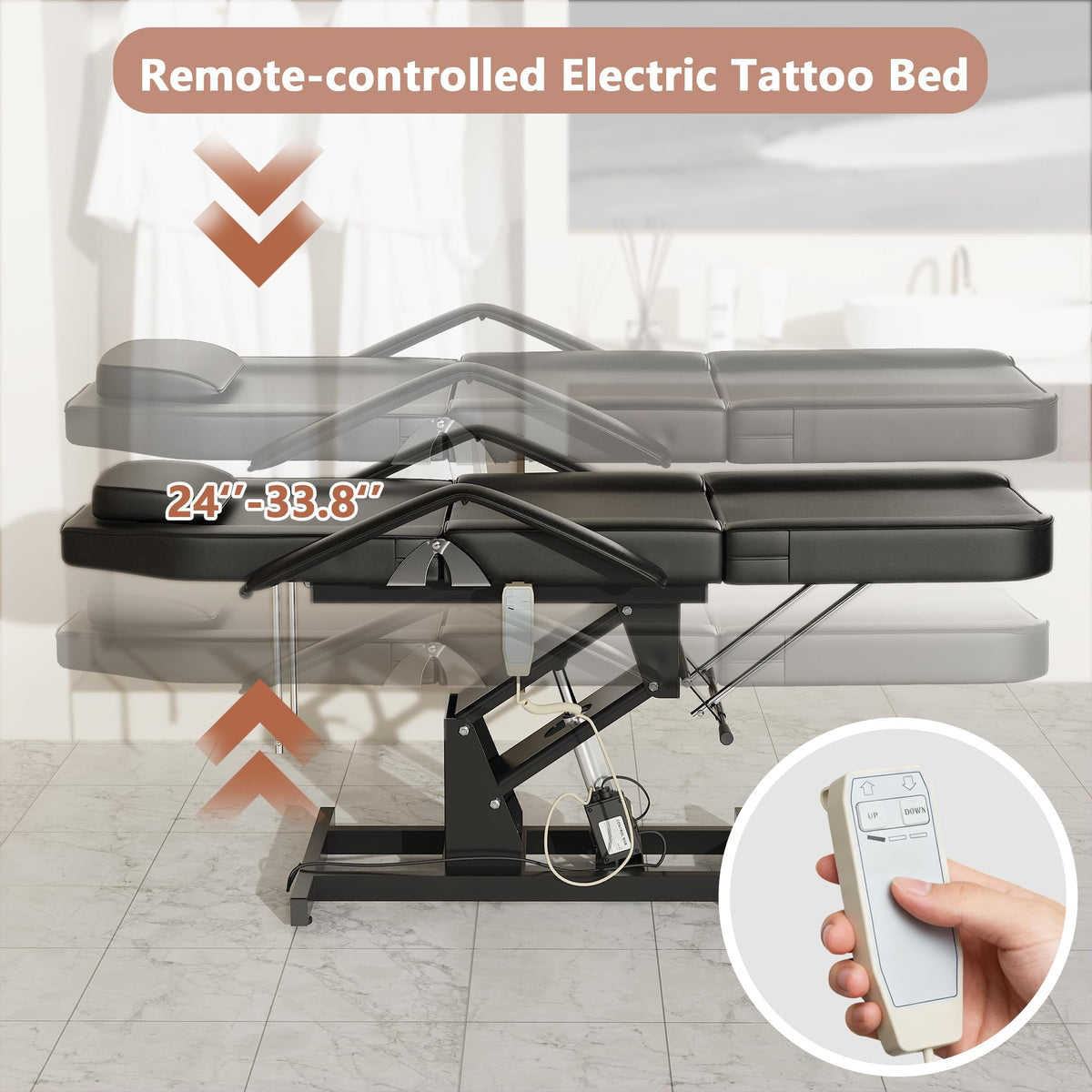 LOUVIXA Electric Height Adjustable Tattoo Bed, Electric Lift Massage Table, Multi-Purpose Massage Tattoo Lash Waxing Table for Beauty Barber Spa, Height Backrest Footrest Adjustable (Pink)