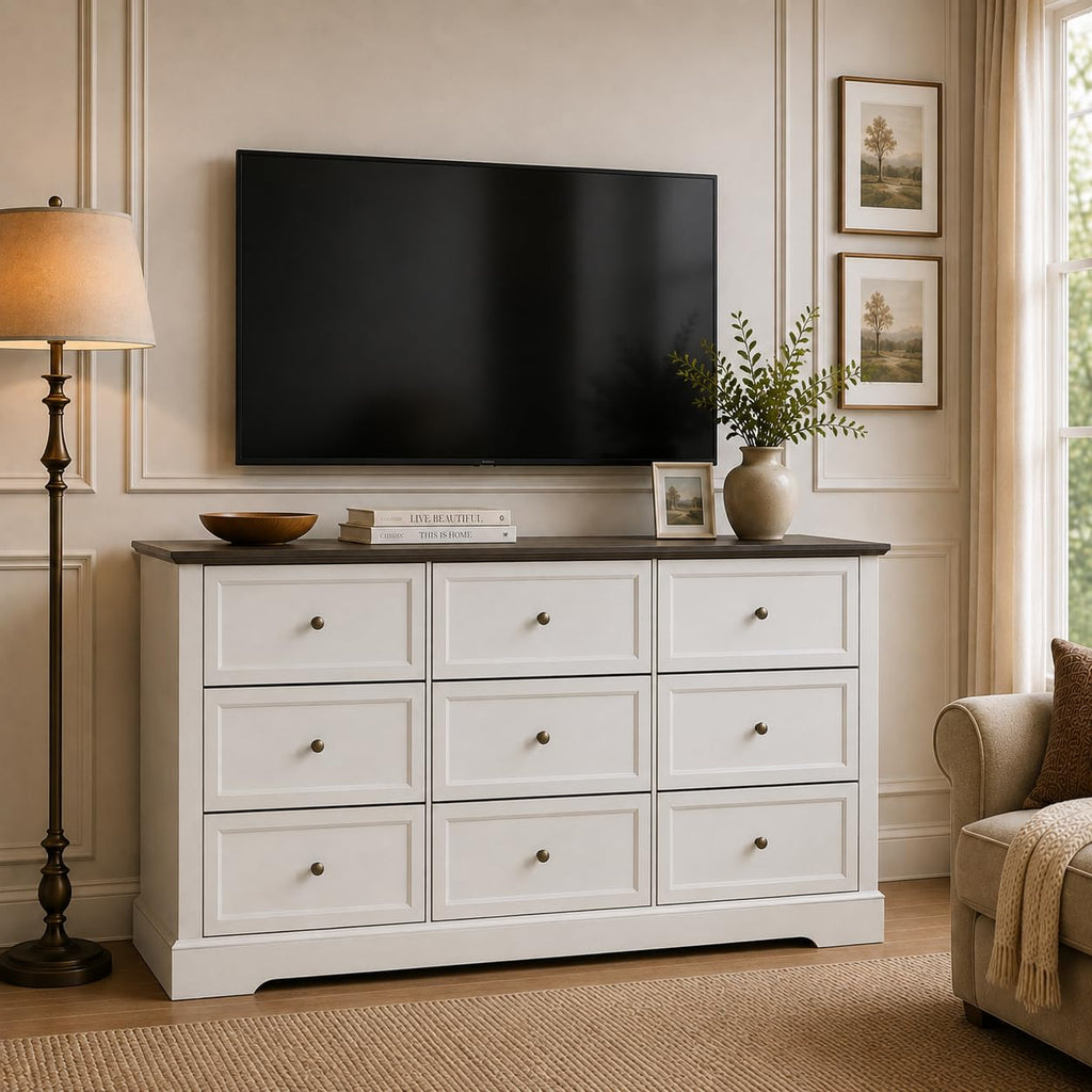 LOUVIXA Farmhouse Dresser 9 Drawer, Bedroom Chest of Drawers, Dressers with 9 Drawers, Wooden Dressers for Bedroom, Living Room, Tv Stand, Entryway(Rustic Yellow)