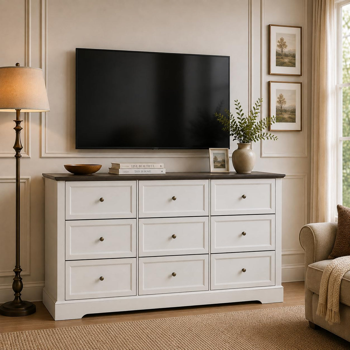 LOUVIXA Farmhouse Dresser 9 Drawer, Bedroom Chest of Drawers, Dressers with 9 Drawers, Wooden Dressers for Bedroom, Living Room, Tv Stand, Entryway(Rustic Yellow)