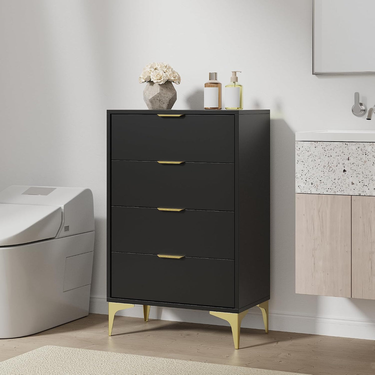 LOUVIXA Dresser for Bedroom with 4 Drawers, Wood Chest of Drawers, Dresser Storage Cabinet, 4 Drawer Dressers for Bedroom, Living Room, Entryway, Cloakroom (Black)