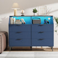LOUVIXA 6 Drawer Dresser with LED Light, Chest of Drawers with Charging Station, Large Double Dressers, Wooden Dressers for Bedroom, Living Room, Entryway, Hallway (Blue)