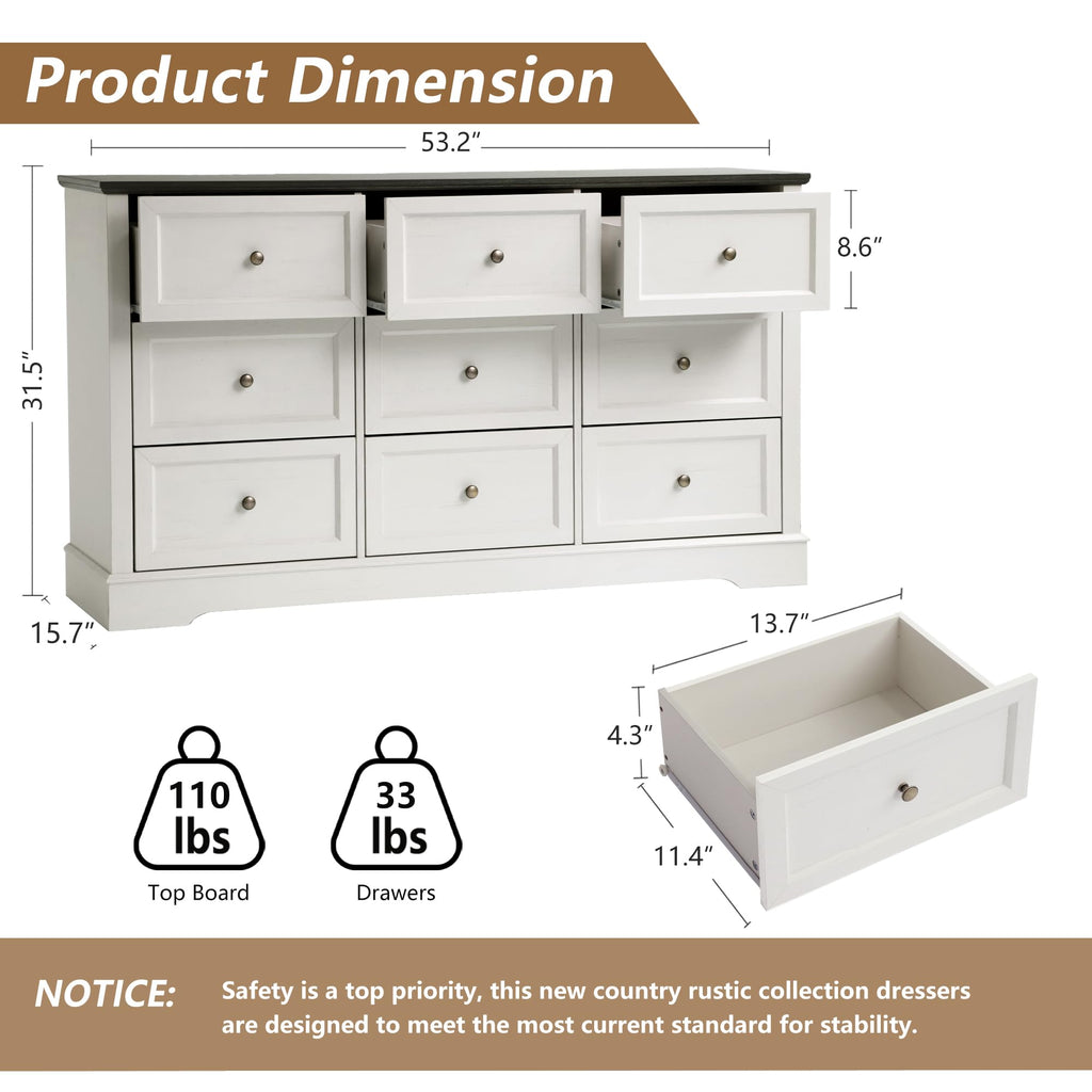 LOUVIXA Farmhouse Bedroom Sets of 3, Including 9 Drawer Dresser, Nightstand Set of 2 with Charging Station (Grey Sets)
