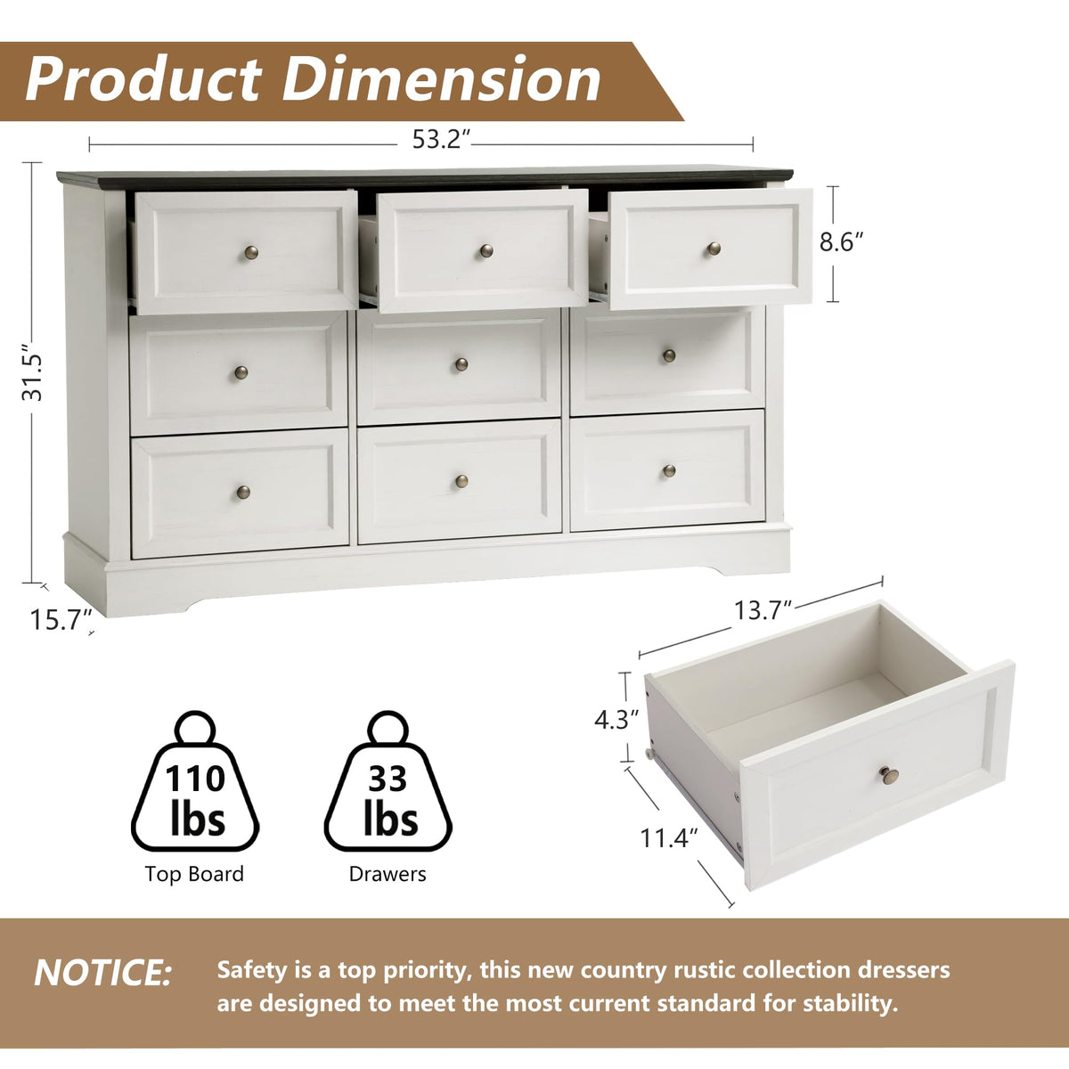 LOUVIXA Farmhouse Dresser 9 Drawer, Bedroom Chest of Drawers, Dressers with 9 Drawers, Wooden Dressers for Bedroom, Living Room, Tv Stand, Entryway(Rustic Yellow)