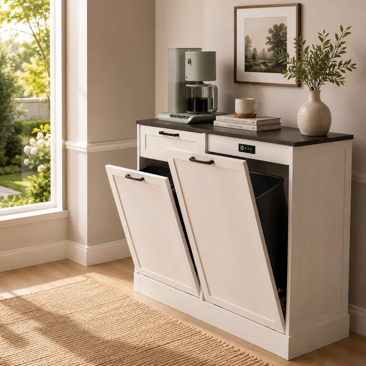 LOUVIXA Double Tilt Out Trash Cabinet, Kitchen Island with Trash Storage, Trashcan Cabinet for Kitchens, Wood Cabinet with Trash Can Pull Out, Dog Proof Trash Can (Off White, 20 Gal)