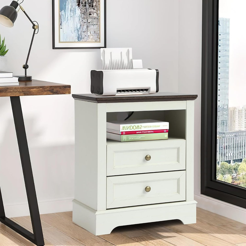 LOUVIXA Nightstand with Charging Station, Farmhouse Night Stand with 2 Drawers, Bedside Cabinet for Bedroom, End Table Side Table with Storage (1, White)
