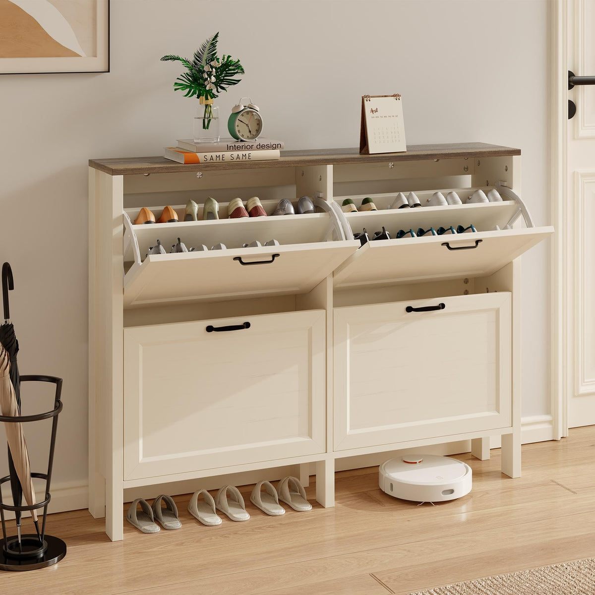 LOUVIXA Shoe Cabinet with 4 Flip Drawers, Narrow Shoe Storage Cabinet, Freestanding Shoe Cabinet Organizer, Hidden Shoe Rack Cabinet for Entryway, Hallway (4-Drawers, Brown/4-drawers)