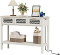 LOUVIXA Boho Entryway Table, Rattan Console Table, Wood Entryway Console, Long Hallway Table with 3 Drawers & Open Shelf for Living Room, Hallway, Corridor, Foyer (White)