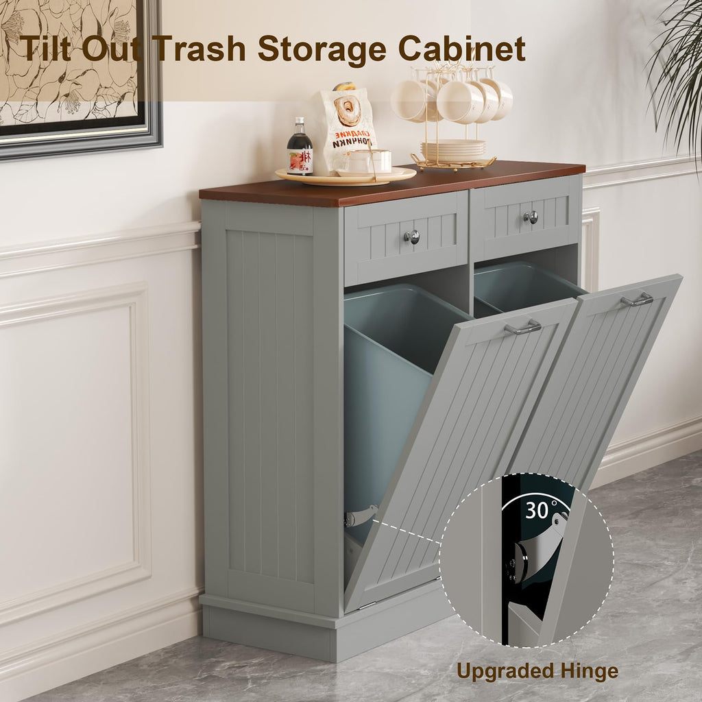 LOUVIXA Tilt Out Trash Can Cabinet Dog Proof with Double Wood Hidden Trash Can Holder, Kitchen Free Standing Recycling Cabinet（Black）