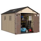 8x6 Resin Shed with Floor, Plastic Storage Shed with Window, Outside Storage Sheds with Lockable Door, Vents for Backyard, Garden, Lawn (8FTx6FT)