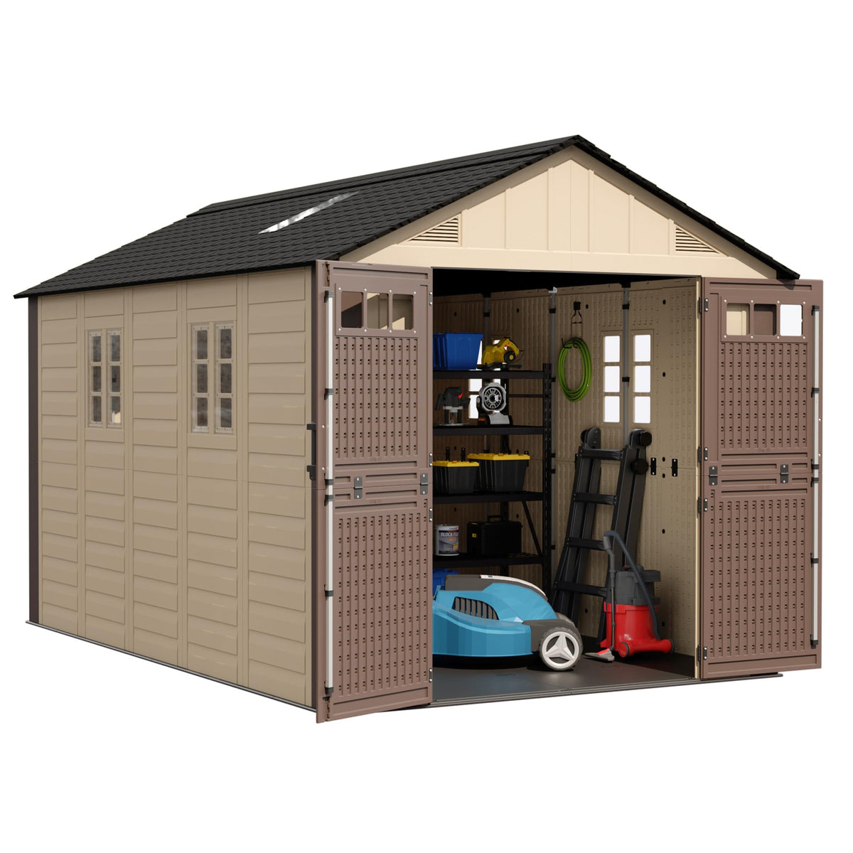 8x6 Resin Shed with Floor, Plastic Storage Shed with Window, Outside Storage Sheds with Lockable Door, Vents for Backyard, Garden, Lawn (8FTx6FT)