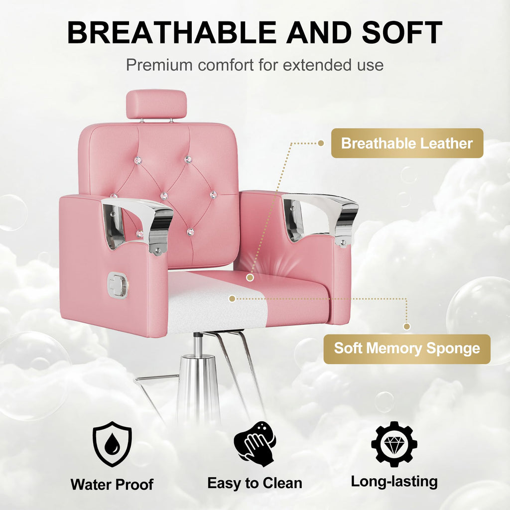 LOUVIXA Barber Chair Reclining, Salon Chairs for Hair Stylist, Height Adjustable Salon Styling Chair, Heavy Duty Barber Chairs, 360 Swivel Barbershop Chair (Rosa-Sliver, 330LBS)