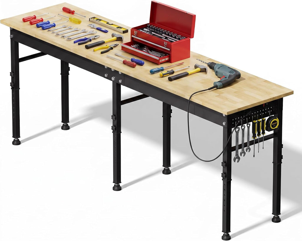 94.5" Heavy Duty Workbench, Height Adjustable Garage Work Table, Workstation Desk with Power Strip2, Workbench with Pegboard, 2000LBS Max Load