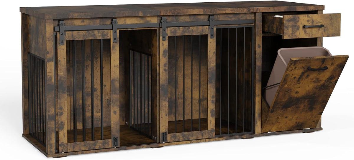 71" Large Dog Crate Furniture for 2 Dogs, Wood Dog Kennel with Drawer, Furniture Style Dog Crates, Decorative Dog Crate with Tilt Out Trash Cabinet, Divider and Sliding Barn Door (Retro Bright Brown)