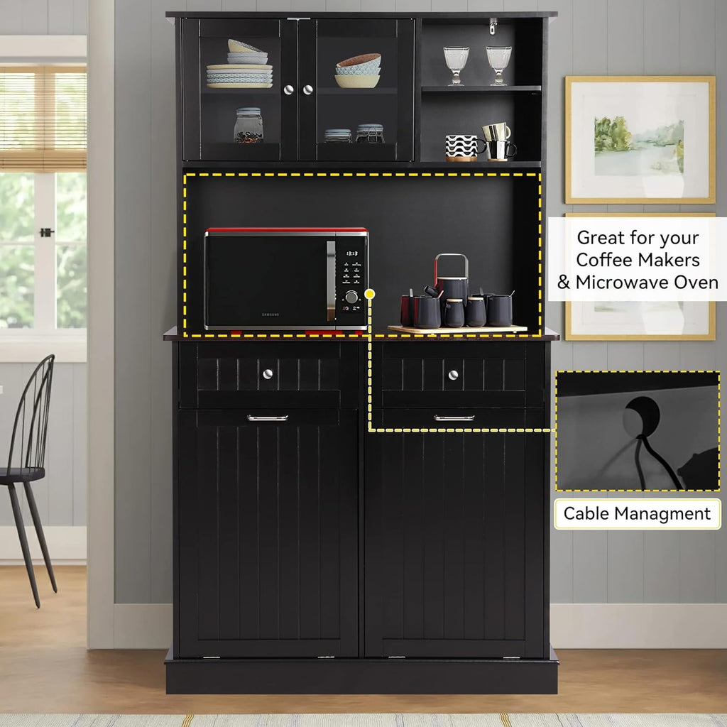 LOUVIXA 68.4" Kitchen Pantry Storage Cabinet, Freestanding Cupboard with Shelf, 2 Drawers and 1 Tilt Out Trash Cabinet, Tall Cabinets for Kitchen, Dinning Room, Living Room (White, Double Tilt)
