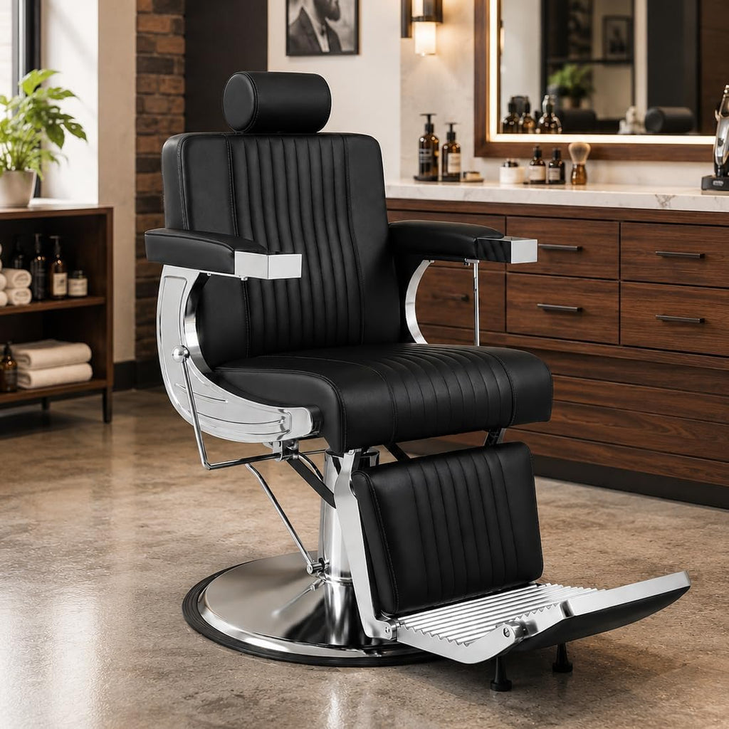 LOUVIXA Salon Chairs Barber Chairs for Barbershop, Reclining Salon Chairs for Hair Stylist, Professional 360 Swivel Barber Chair, Height Adjustable Hair Chair for Barbershop, Black