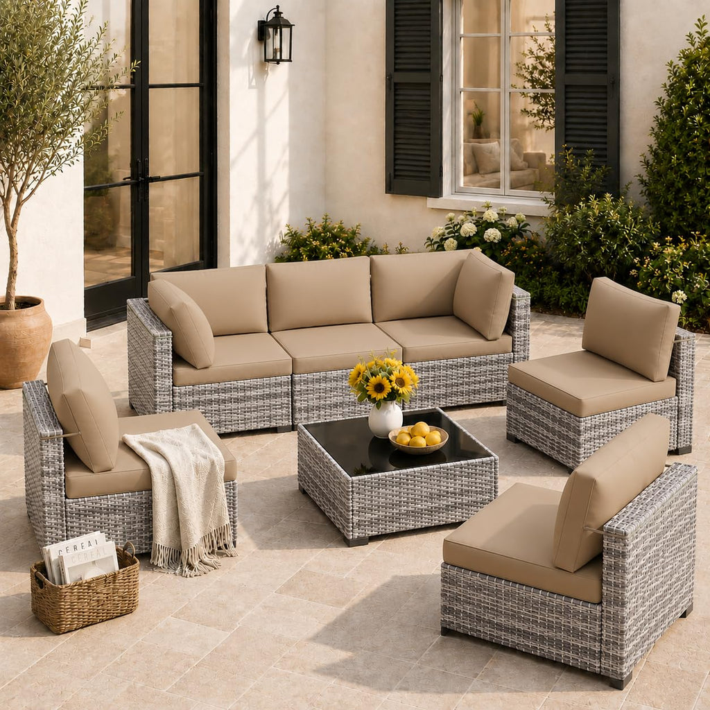 LOUVIXA 7 Piece Outdoor Patio Furniture Set, Rattan Chairs Glass Table Wicker Conversation Seating Sectional Sofa with Cushions (Brown-Camel, 7Pcs-2 Layer Coffee Table)