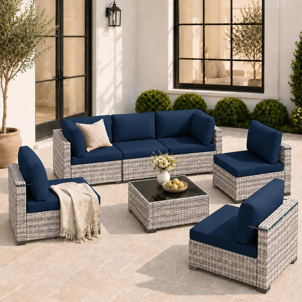 LOUVIXA 7 Piece Outdoor Patio Furniture Set, Rattan Chairs Glass Table Wicker Conversation Seating Sectional Sofa with Cushions (Brown-Camel, 7Pcs-2 Layer Coffee Table)