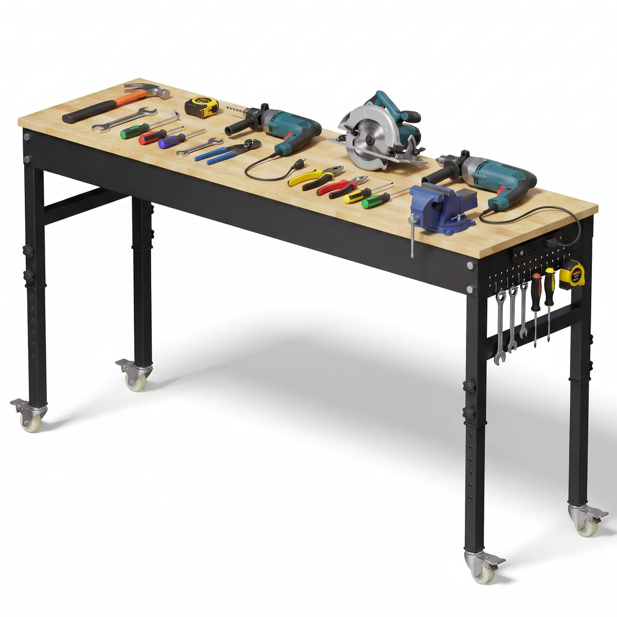 94.5" Heavy Duty Workbench, Height Adjustable Garage Work Table, Workstation Desk with Power Strip2, Workbench with Pegboard, 2000LBS Max Load