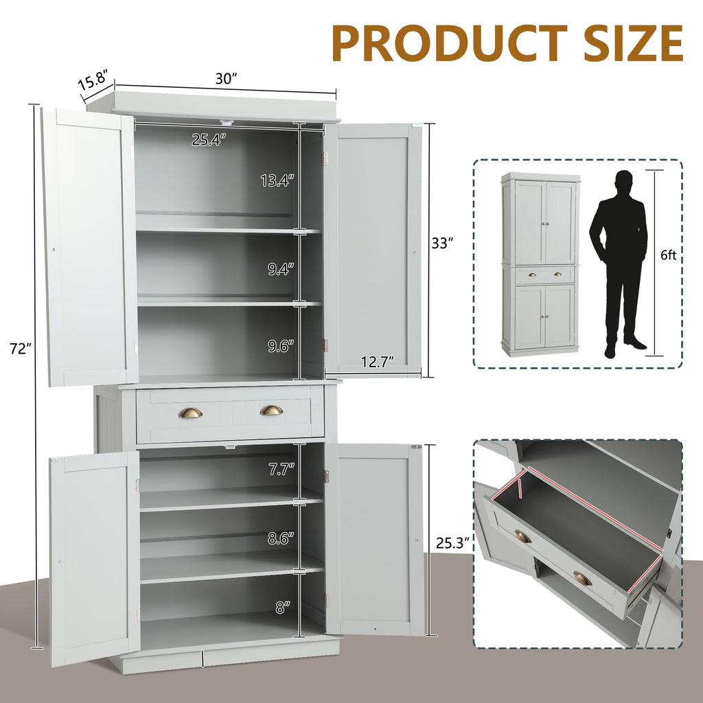 LOUVIXA 72" Kitchen Pantry Storage Cabinet, Freestanding Cupboard with 2 Cabinets, Drawer and Adjustable Shelves, Tall Storage Cabinet for Kitchen, Dinning Room, Living Room (White)