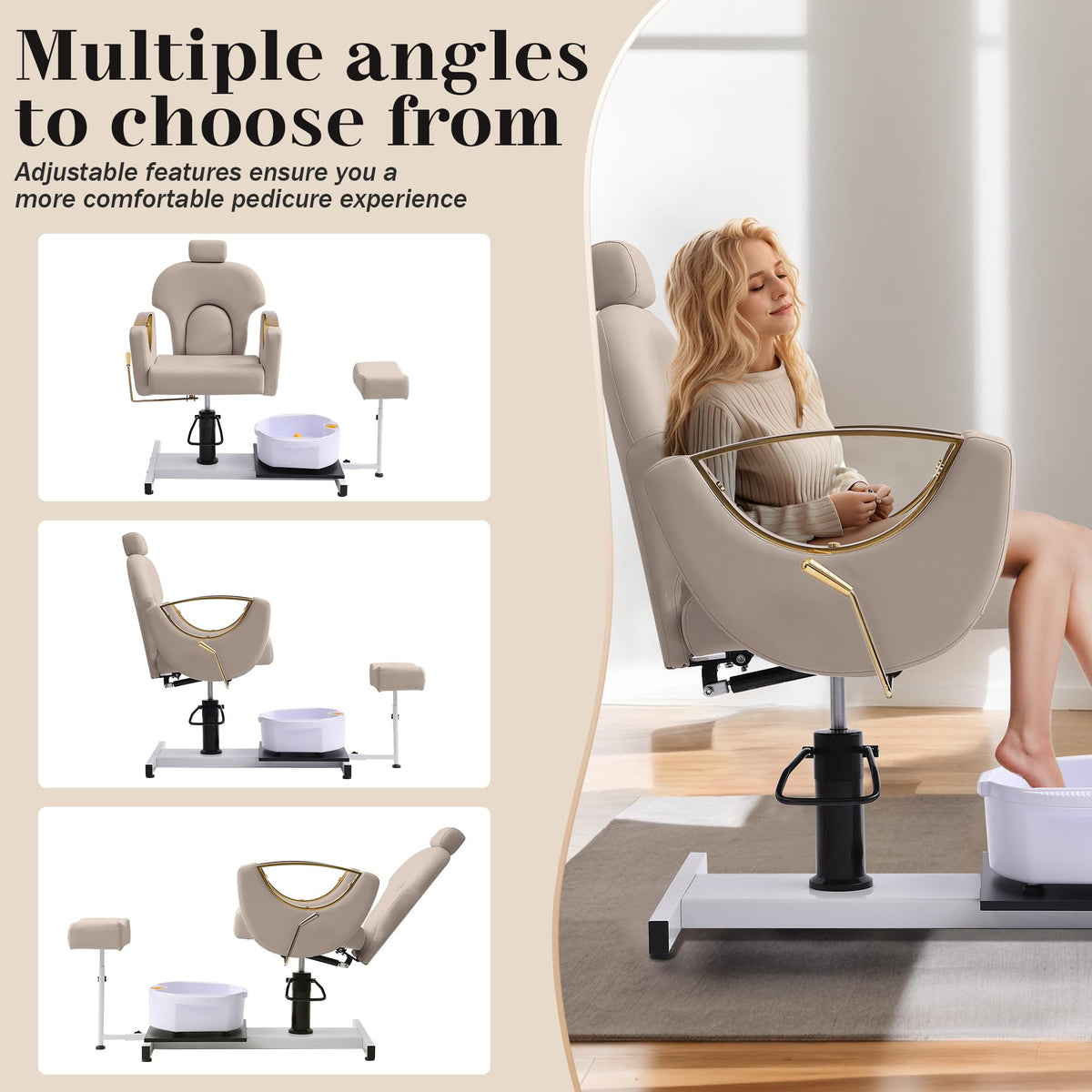LOUVIXA Pedicure Station No Plumbing, Hydraulic Pedicure Chair for Nail Tech, Height Adjustable Reclining Pedicure Station Unit, with Massage Foot Bath (Cream White-Pillow)