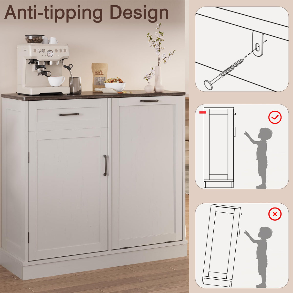 LOUVIXA Double Tilt Out Trash Cabinet, Kitchen Island with Trash Storage, Trashcan Cabinet for Kitchens, Wood Cabinet with Trash Can Pull Out, Dog Proof Trash Can (Off White, 20 Gal)