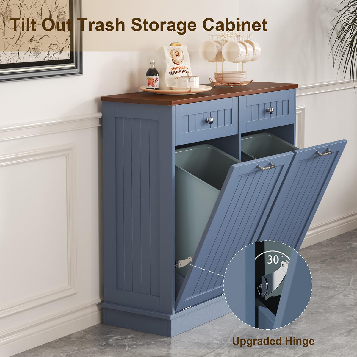 LOUVIXA Tilt Out Trash Can Cabinet Dog Proof with Double Wood Hidden Trash Can Holder, Kitchen Free Standing Recycling Cabinet（Black）