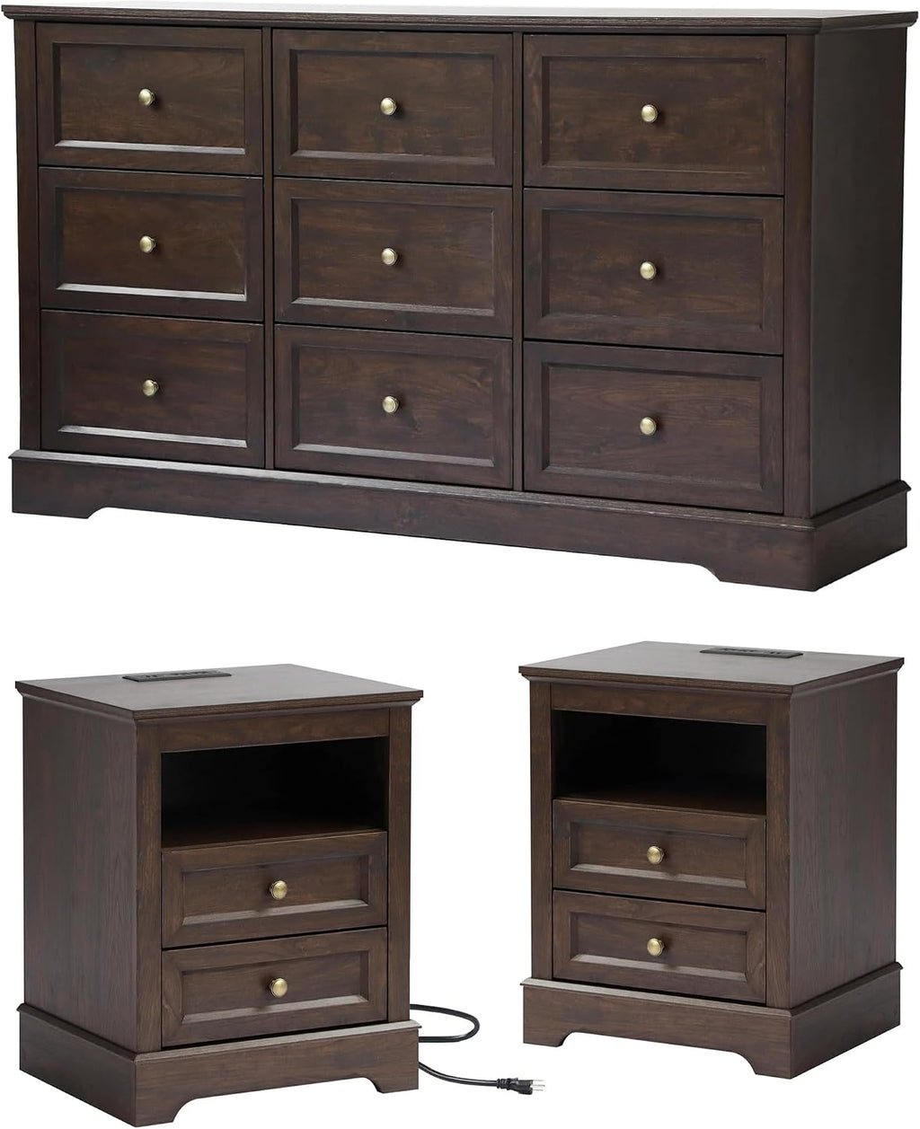 LOUVIXA Farmhouse Bedroom Sets of 3, Including 9 Drawer Dresser, Nightstand Set of 2 with Charging Station (Brown Sets, 3 Pieces-9 Drawer Dresser+2 Nightstand)