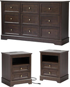 LOUVIXA Farmhouse Bedroom Sets of 3, Including 9 Drawer Dresser, Nightstand Set of 2 with Charging Station (Brown Sets, 3 Pieces-9 Drawer Dresser+2 Nightstand)