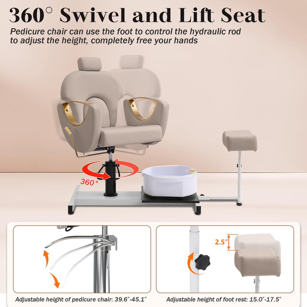 LOUVIXA Pedicure Station No Plumbing, Hydraulic Pedicure Chair for Nail Tech, Height Adjustable Reclining Pedicure Station Unit, with Massage Foot Bath (Cream White-Pillow)