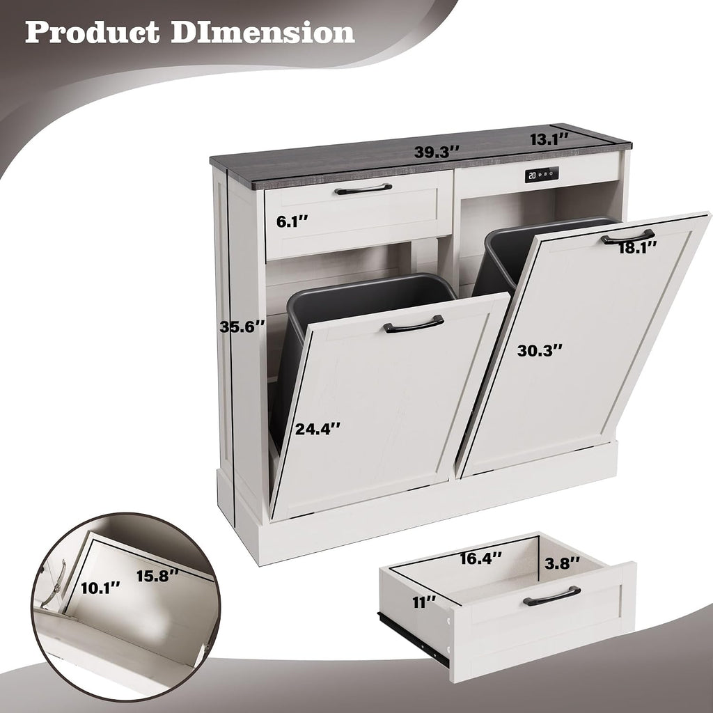 LOUVIXA Double Tilt Out Trash Cabinet, Kitchen Island with Trash Storage, Trashcan Cabinet for Kitchens, Wood Cabinet with Trash Can Pull Out, Dog Proof Trash Can (Off White, 20 Gal)
