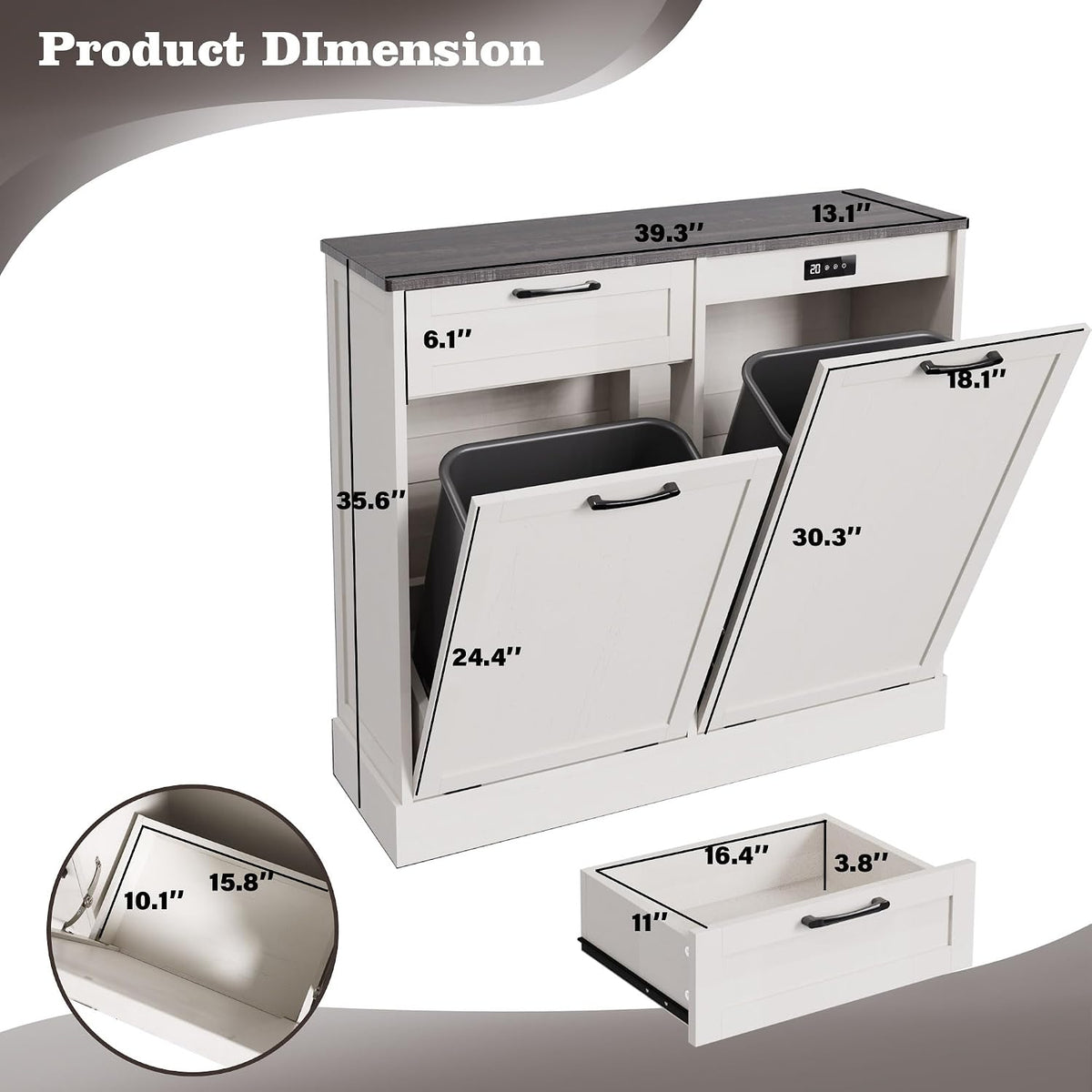 LOUVIXA Double Tilt Out Trash Cabinet, Kitchen Island with Trash Storage, Trashcan Cabinet for Kitchens, Wood Cabinet with Trash Can Pull Out, Dog Proof Trash Can (Off White, 20 Gal)