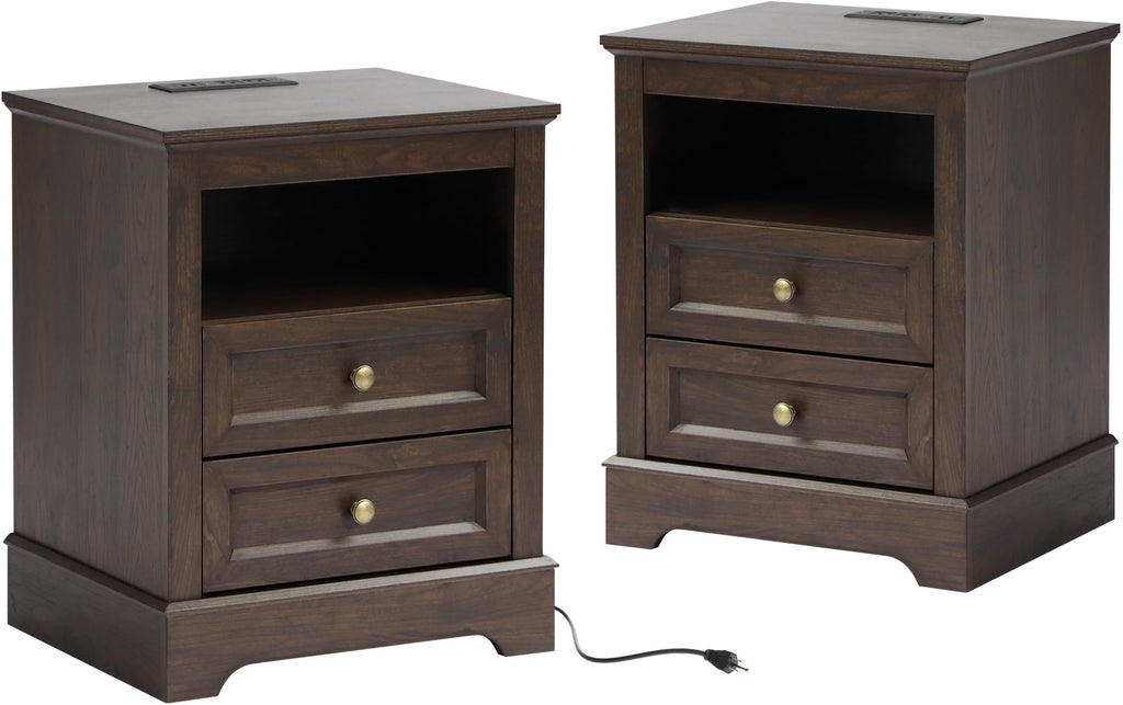 LOUVIXA Nightstand with Charging Station, Farmhouse Night Stand with 2 Drawers, Bedside Cabinet for Bedroom, End Table Side Table with Storage (1, White)