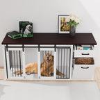 71" Large Dog Crate Furniture for 2 Dogs, Wooden Dog Kennel with Drawer, Furniture Style Dog Crates, Decorative Dog Crate with Tilt Out Trash Cabinet, Divider and Sliding Barn Door (White)