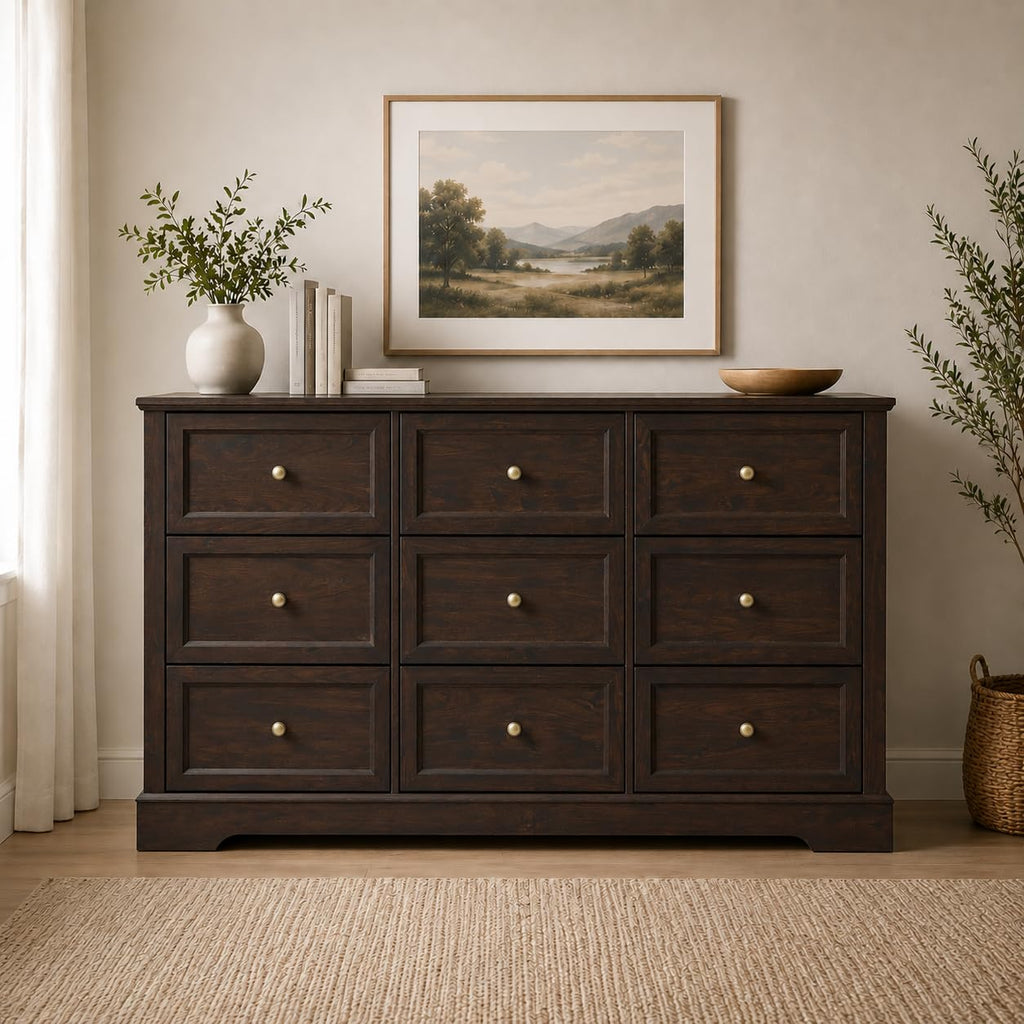 LOUVIXA Farmhouse Dresser 9 Drawer, Bedroom Chest of Drawers, Dressers with 9 Drawers, Wooden Dressers for Bedroom, Living Room, Tv Stand, Entryway(Rustic Yellow)