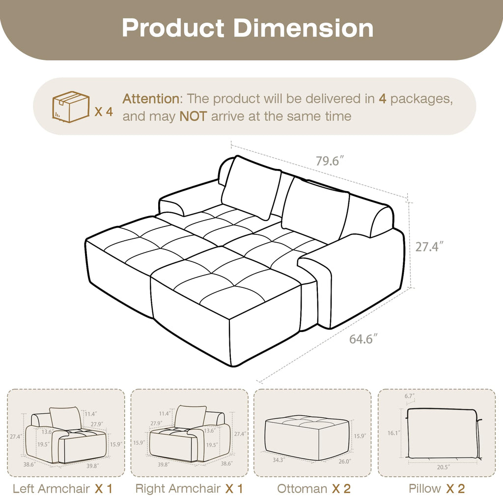 Modular Sectional Sofa, Boneless Couches for Living Room, Corduroy Couch, Big Comfy Couch, Modular Cloud Sofa with Deep Seat (Grey, 2 Pieces-Loveseat)