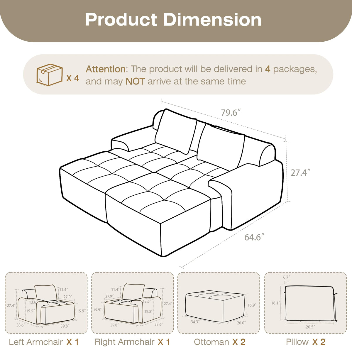 Modular Sectional Sofa, Boneless Couches for Living Room, Corduroy Couch, Big Comfy Couch, Modular Cloud Sofa with Deep Seat (Grey, 2 Pieces-Loveseat)