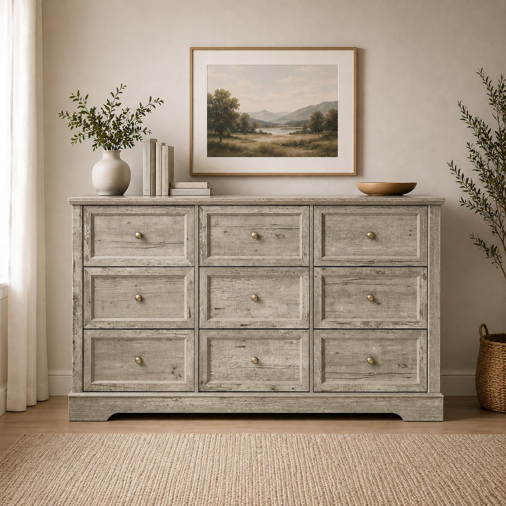 LOUVIXA Farmhouse Dresser 9 Drawer, Bedroom Chest of Drawers, Dressers with 9 Drawers, Wooden Dressers for Bedroom, Living Room, Tv Stand, Entryway(Rustic Yellow)