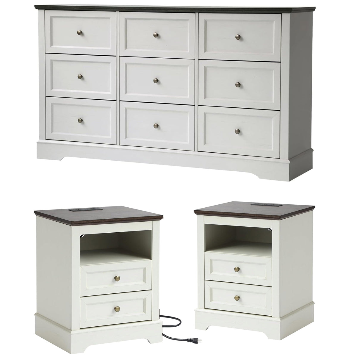 LOUVIXA Farmhouse Bedroom Sets of 3, Including 9 Drawer Dresser, Nightstand Set of 2 with Charging Station (Grey Sets)