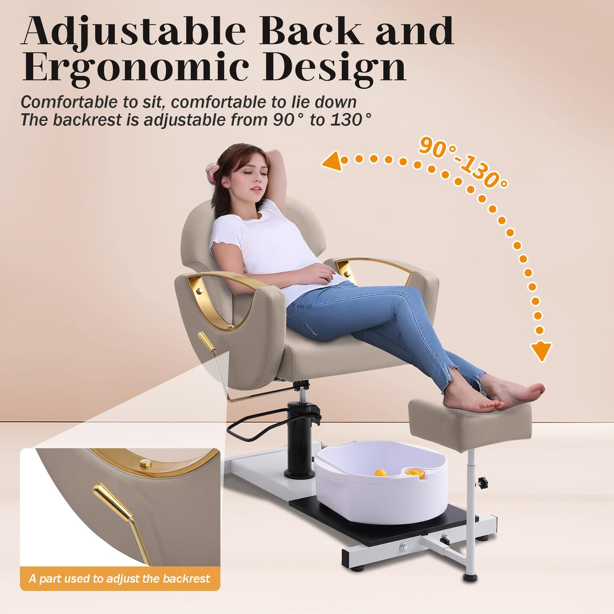 LOUVIXA Pedicure Station No Plumbing, Hydraulic Pedicure Chair for Nail Tech, Height Adjustable Reclining Pedicure Station Unit, with Massage Foot Bath (Cream White-Pillow)