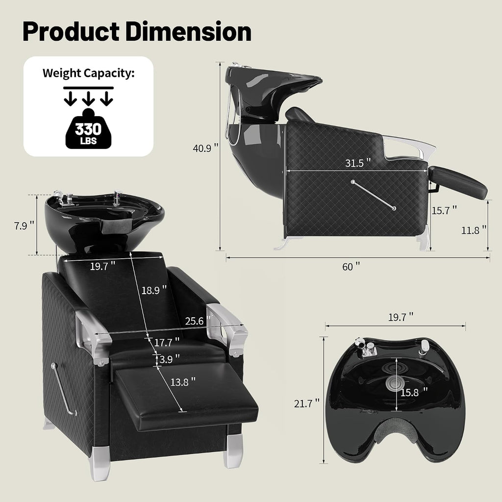 LOUVIXA Shampoo Stations for Salons, Shampoo Bowl and Chair with Tilting Porcelain Bowl and Adjustable Footrest, Black