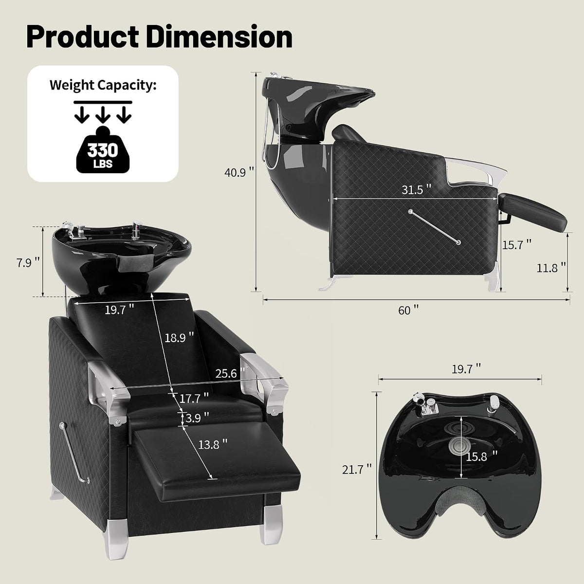 LOUVIXA Shampoo Stations for Salons, Shampoo Bowl and Chair with Tilting Porcelain Bowl and Adjustable Footrest, Black