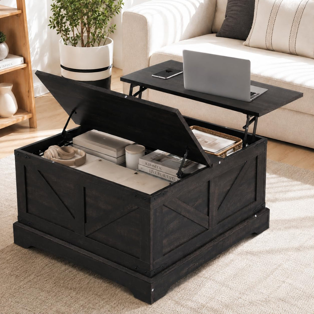 LOUVIXA Farmhouse Lift Top Coffee Table with Hidden Storage Compartment