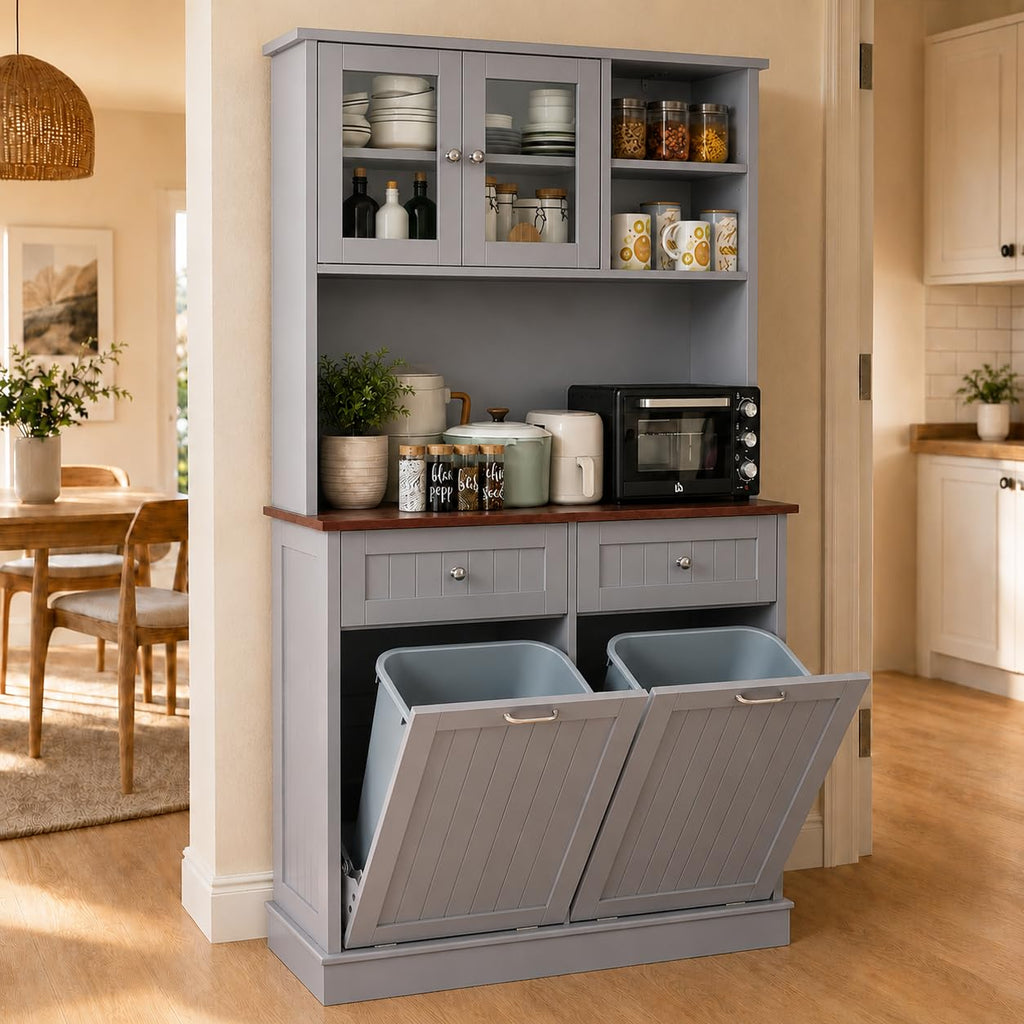 68.4" Kitchen Pantry Storage Cabinet, Freestanding Cupboard with Shelf, 2 Drawers and 2 Tilt Out Trash Cabinet, Tall Cabinets for Kitchen, Dinning Room, Living Room (Elegant Grey, Double Tilt)
