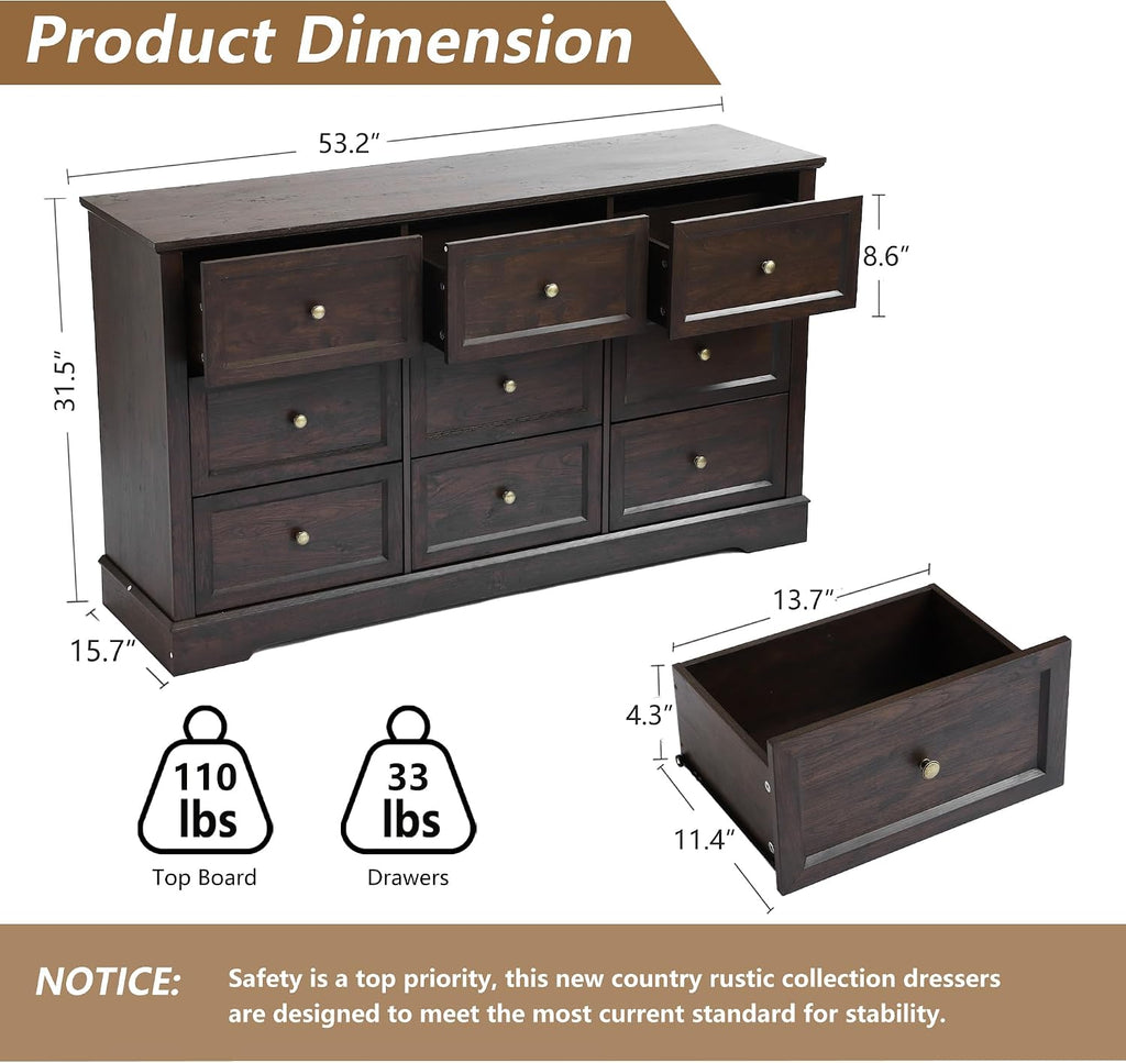 LOUVIXA Farmhouse Bedroom Sets of 3, Including 9 Drawer Dresser, Nightstand Set of 2 with Charging Station (Brown Sets, 3 Pieces-9 Drawer Dresser+2 Nightstand)